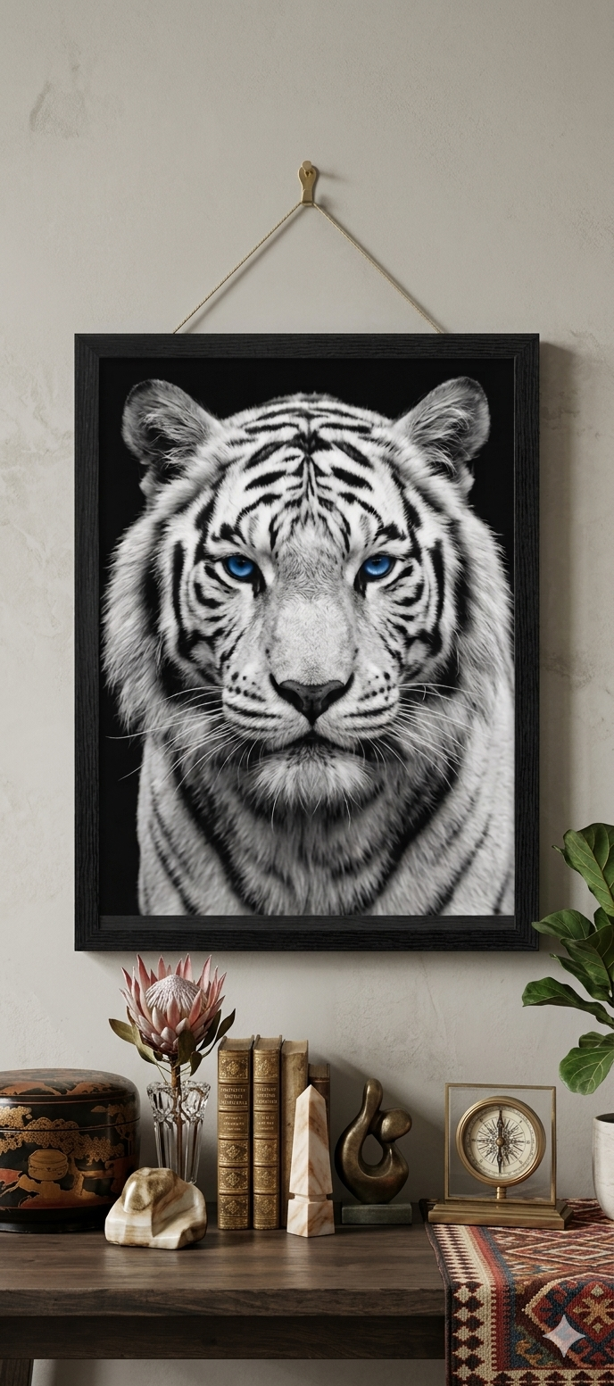 Majestic White Tiger - Minimalist Black Frame Wall Art | Modern Monochrome Wildlife Decor