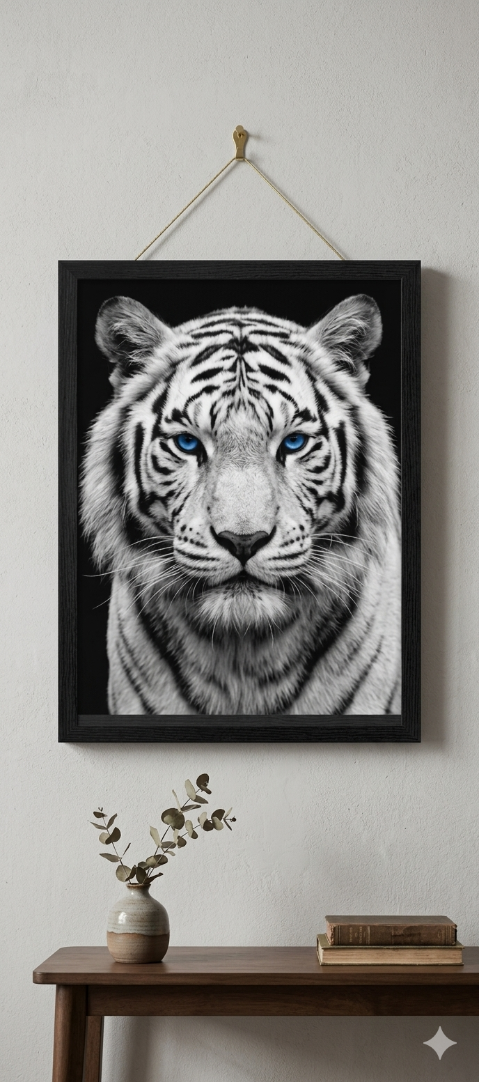 Majestic White Tiger - Minimalist Black Frame Wall Art | Modern Monochrome Wildlife Decor