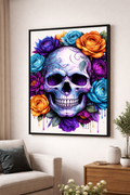 Floral Skull Art Print – Vibrant Neon Roses Gothic Wall Decor