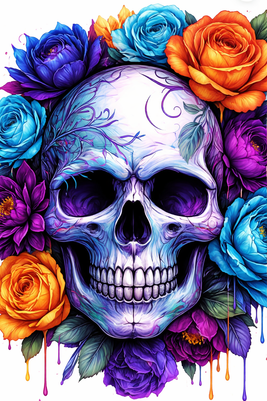 Floral Skull Art Print – Vibrant Neon Roses Gothic Wall Decor